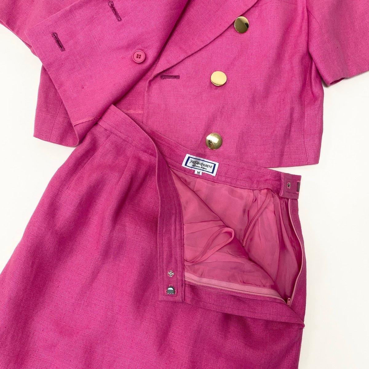 ＠Eg8 YVES SAINT LAURENT  Double Breasted Skirt Suit Set Gold Button Pink Linen Size M Women'so07t