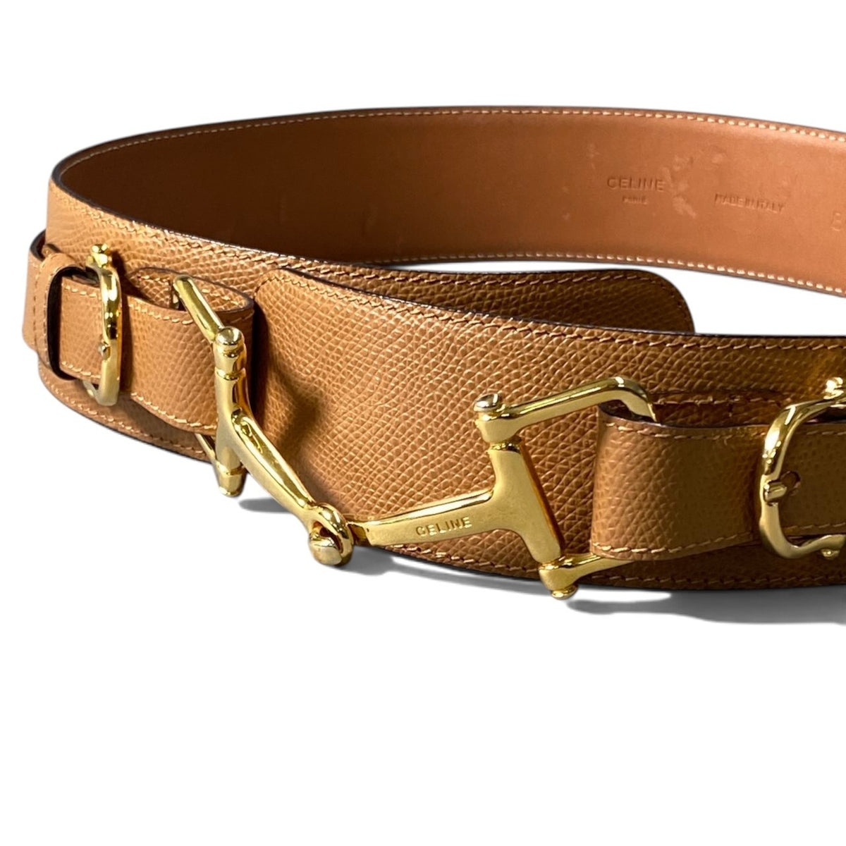 h12 CELINE Celine Horsebit Leather Belt, Size 80, Light Brown Leather with Gold-Tone Hardwareu02t