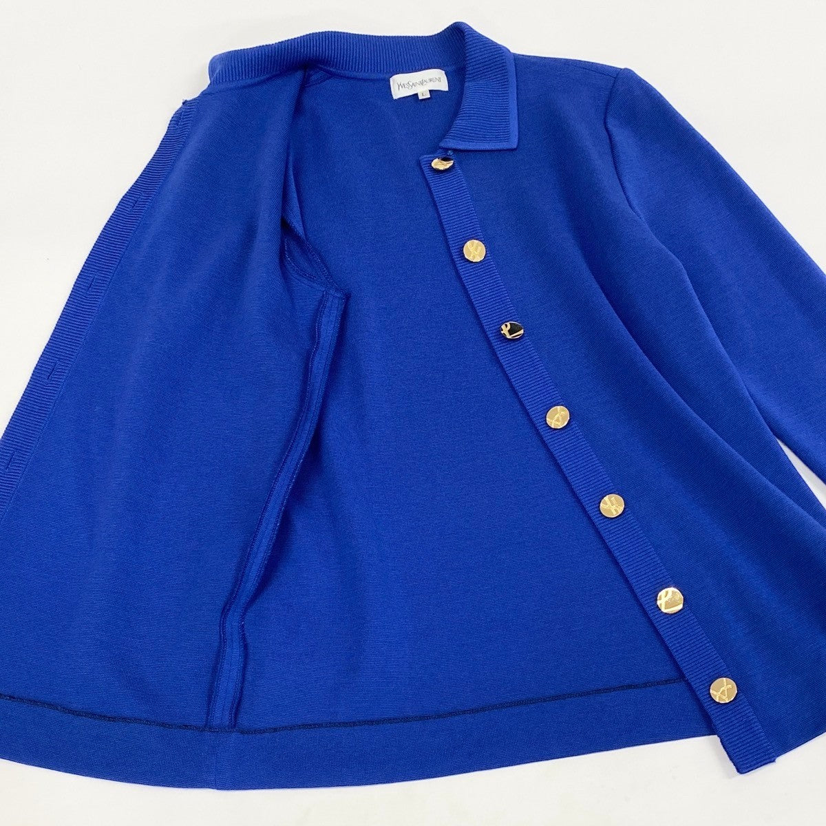 L Eh6 Yves Saint Laurent YSL Logo Gold Button Knit Cardigan Wool Size L Blue Women o07t