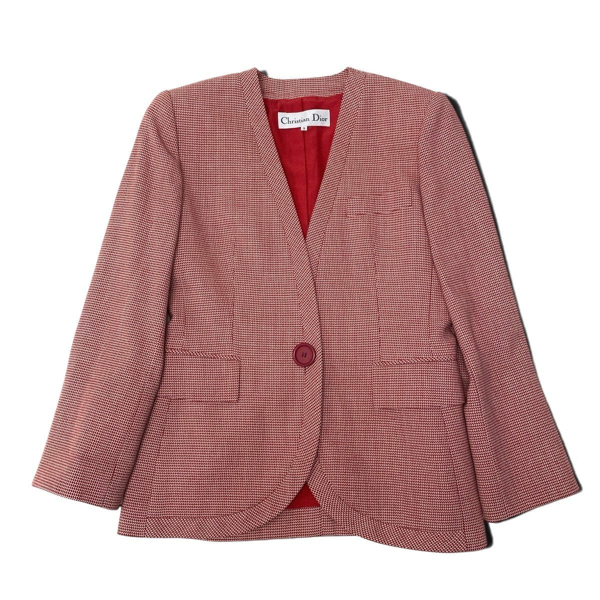 K Eh10 Christian Dior Collarless Wool Jacket All Over Pattern Size 9 Red White Women o07t