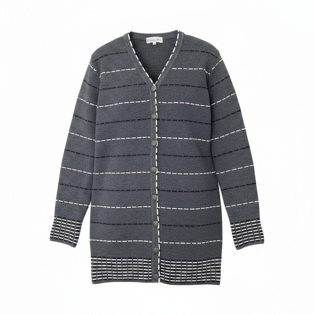 Ee29 Christian Dior KW30N4027 Striped Long Knit Cardigan Gray Wool Rayon Size M Women'so07t
