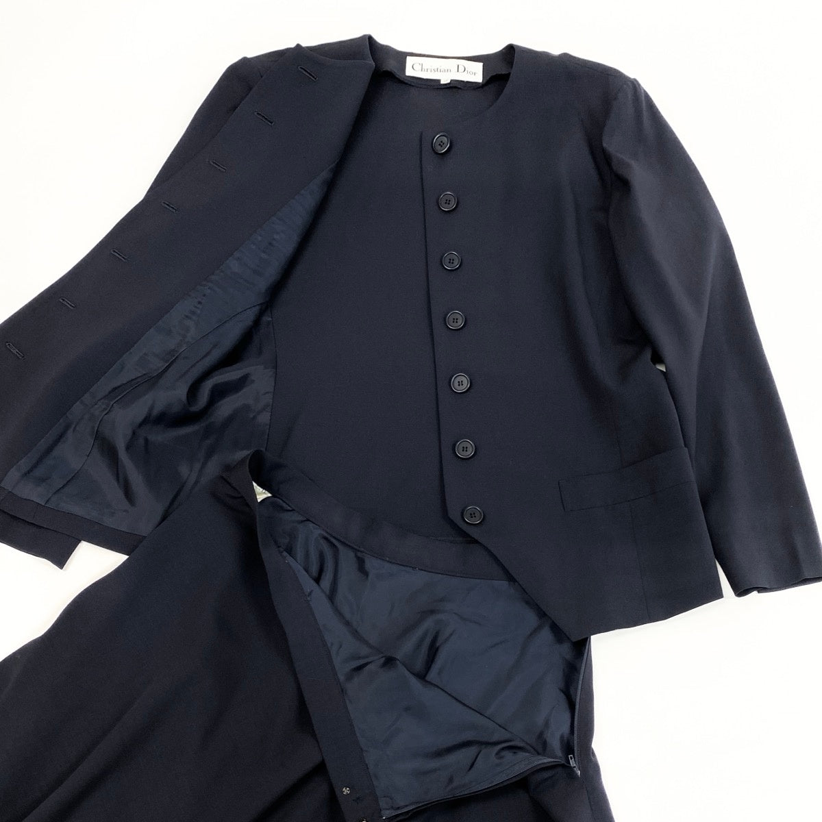 @L Eg11 Christian Dior Collarless Jacket Flare Skirt Suit Set Size 13 Navy Women o07t