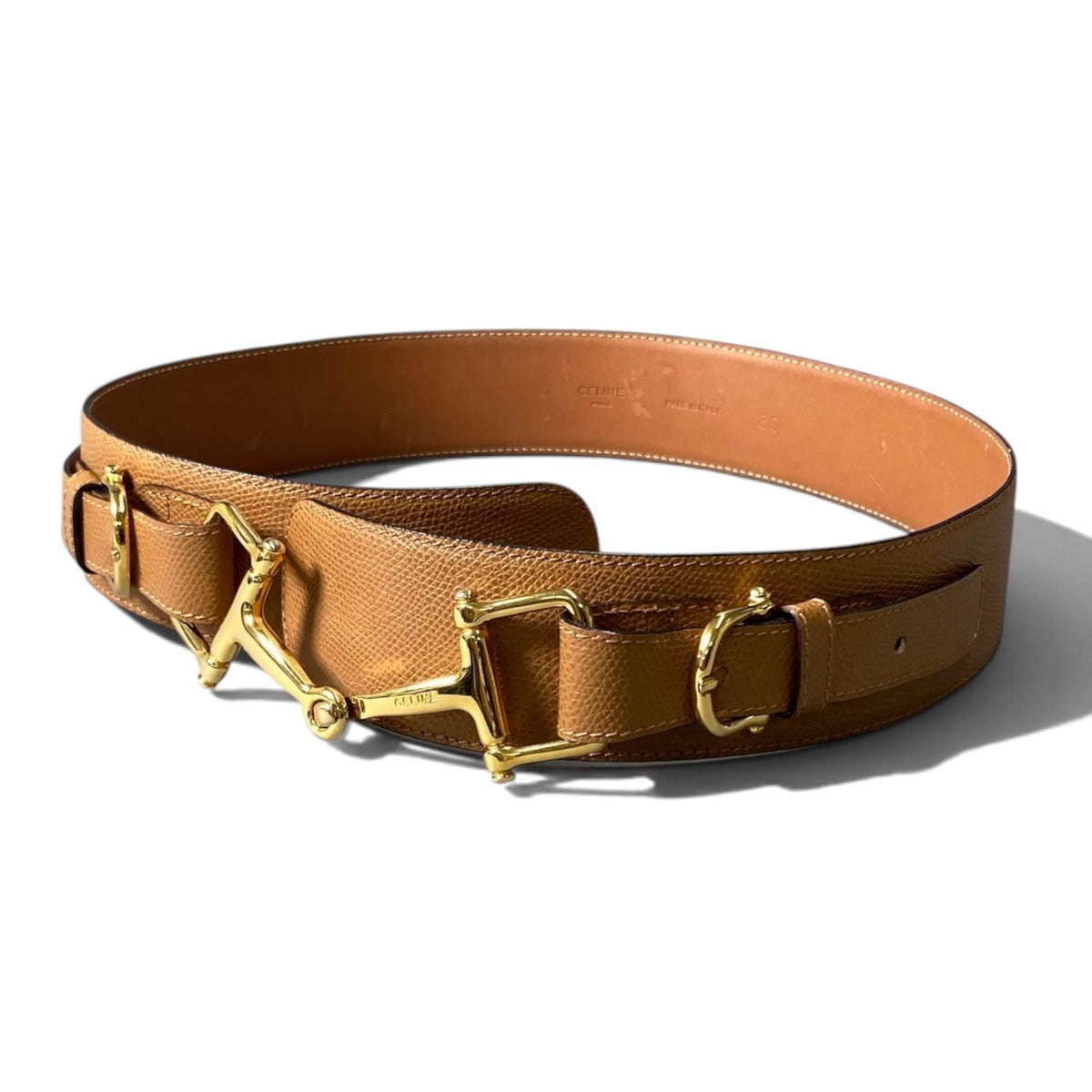 h12 CELINE Celine Horsebit Leather Belt, Size 80, Light Brown Leather with Gold-Tone Hardwareu02t