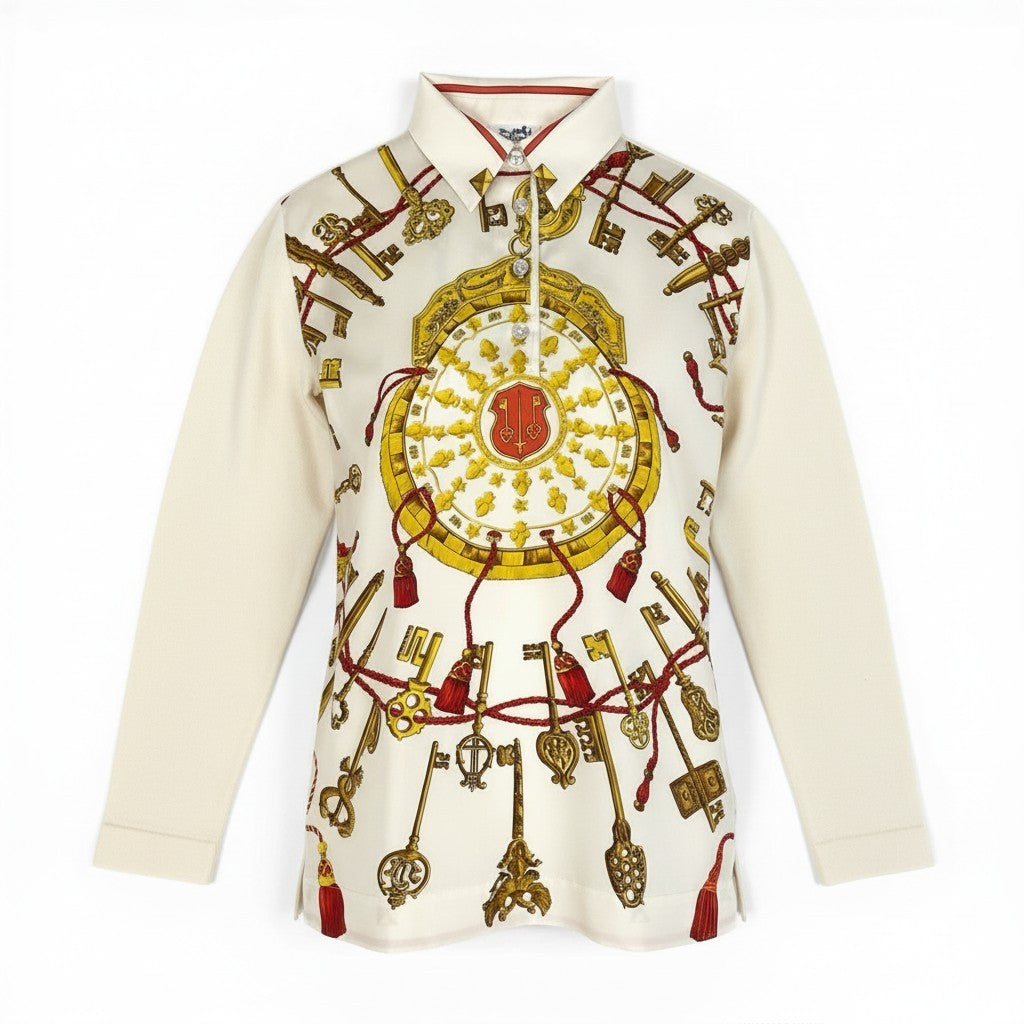 @S Ed7 HERMES Silk Long Sleeve Polo Shirt Size S White Women's POLO MANCHES LONGUESta1