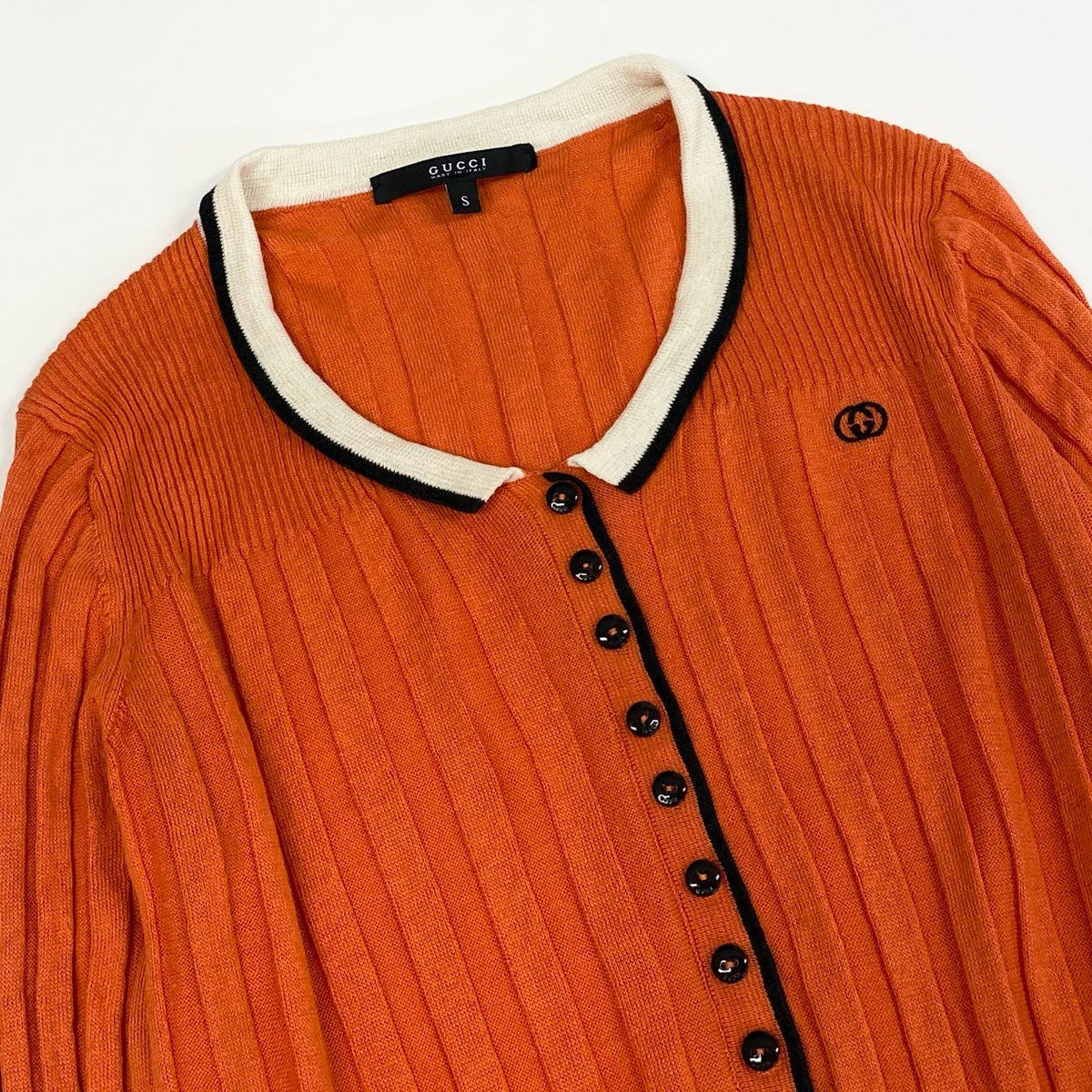 @Ic18 GUCCI (Tom Ford era) Rib-knit long-sleeved cardigan with interlocking G embroidery, women's size S, orange, linen and silk.ta1