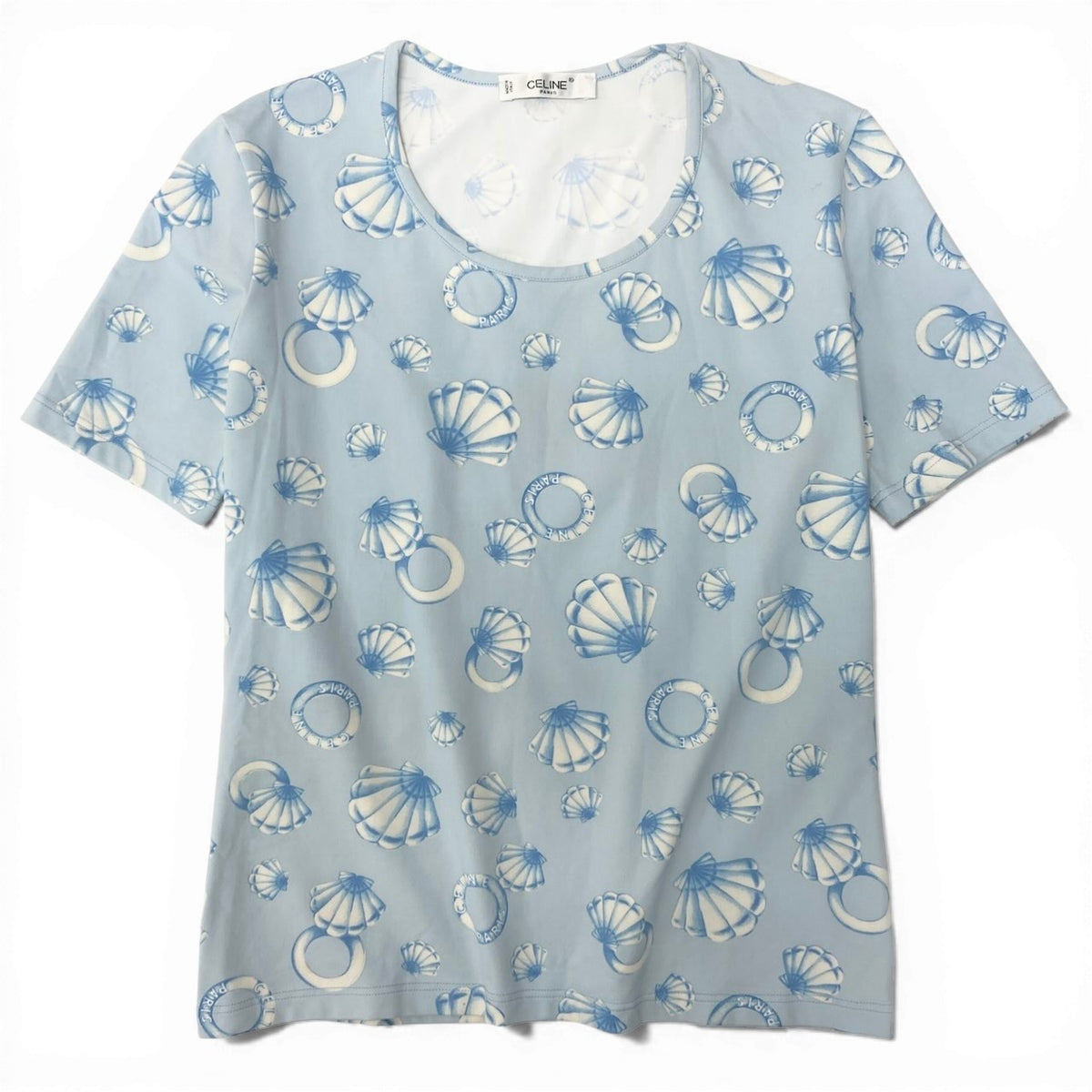 Ic30 CELINE セリーヌ マリン柄 半袖Tシャツ クルーネック カットソー 総柄 伸縮ストレッチ レディース 女性服 ライトブルーu02tu02tu02t