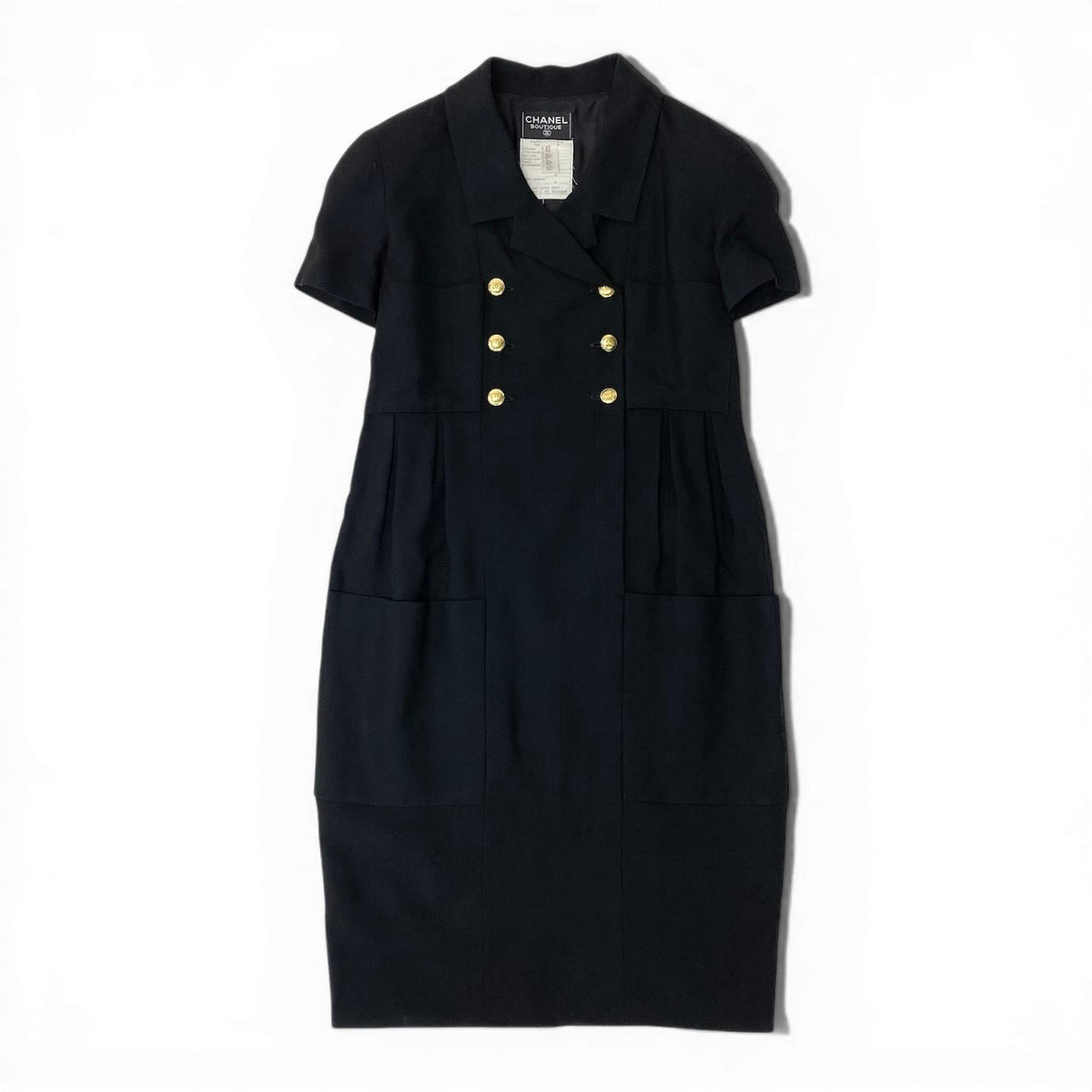 @C CHANEL 1990 VINTAGE Short Sleeve Dress Coco Mark Gold Button Black Size 42 Women Model 23079nu1