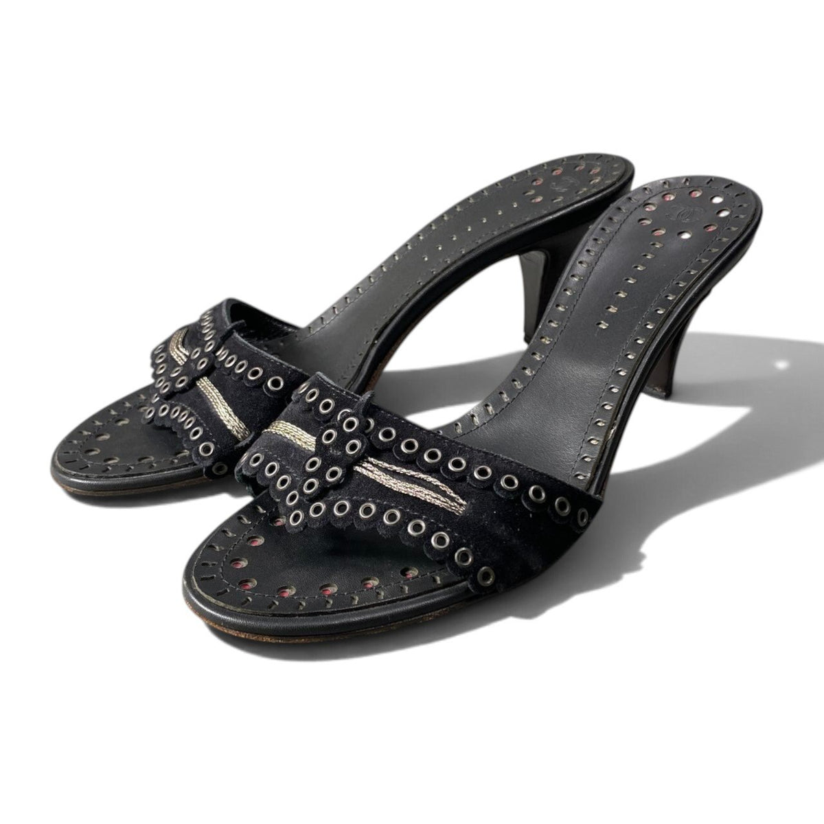 h12 CHANEL Eyelet Stud Kitten Heel Mule Sandals Size 36.5 Women'sk02i