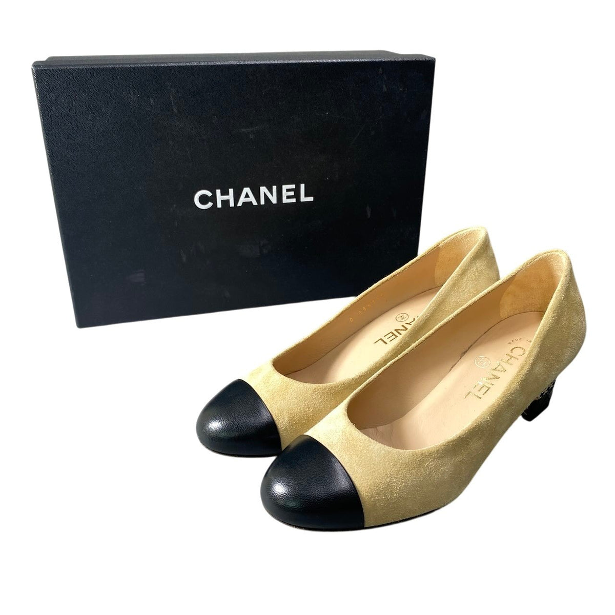 h10 【美品】CHANEL Matelassé Chain Trim Suede Pumps Size 36.5Ck02i