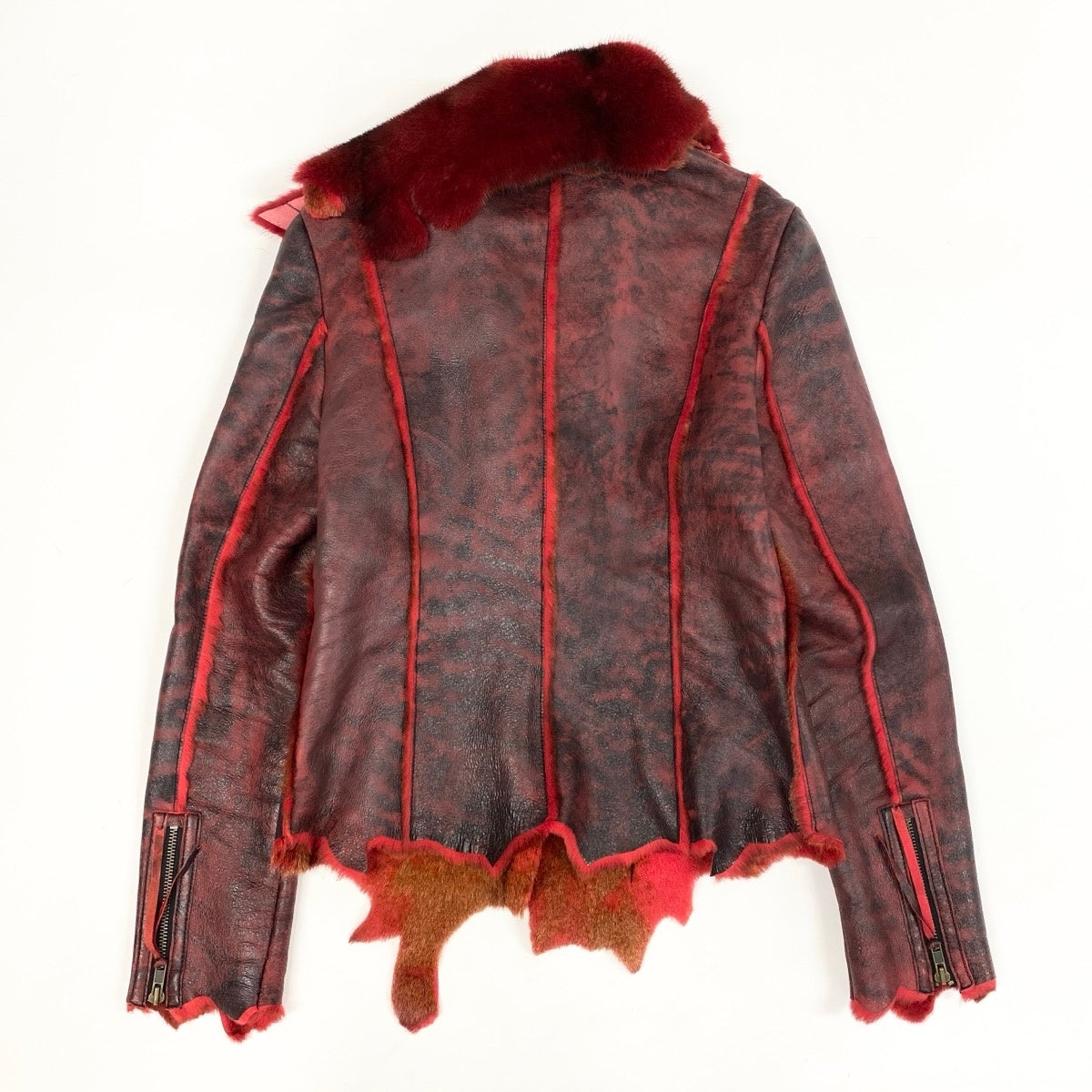 N Eh10 Leather Riders Jacket Shearling Mink Collar Double Zip Raw Edge Burgundy Women