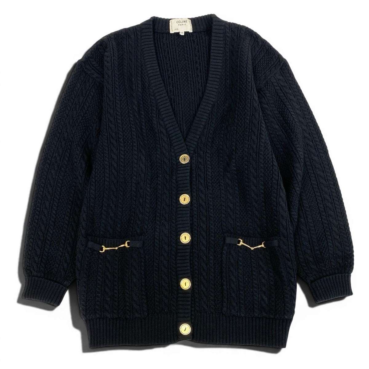46f11 CELINE Vintage Knit Cardigan, Cable Knit, Gold Buttons, Size 42u02t