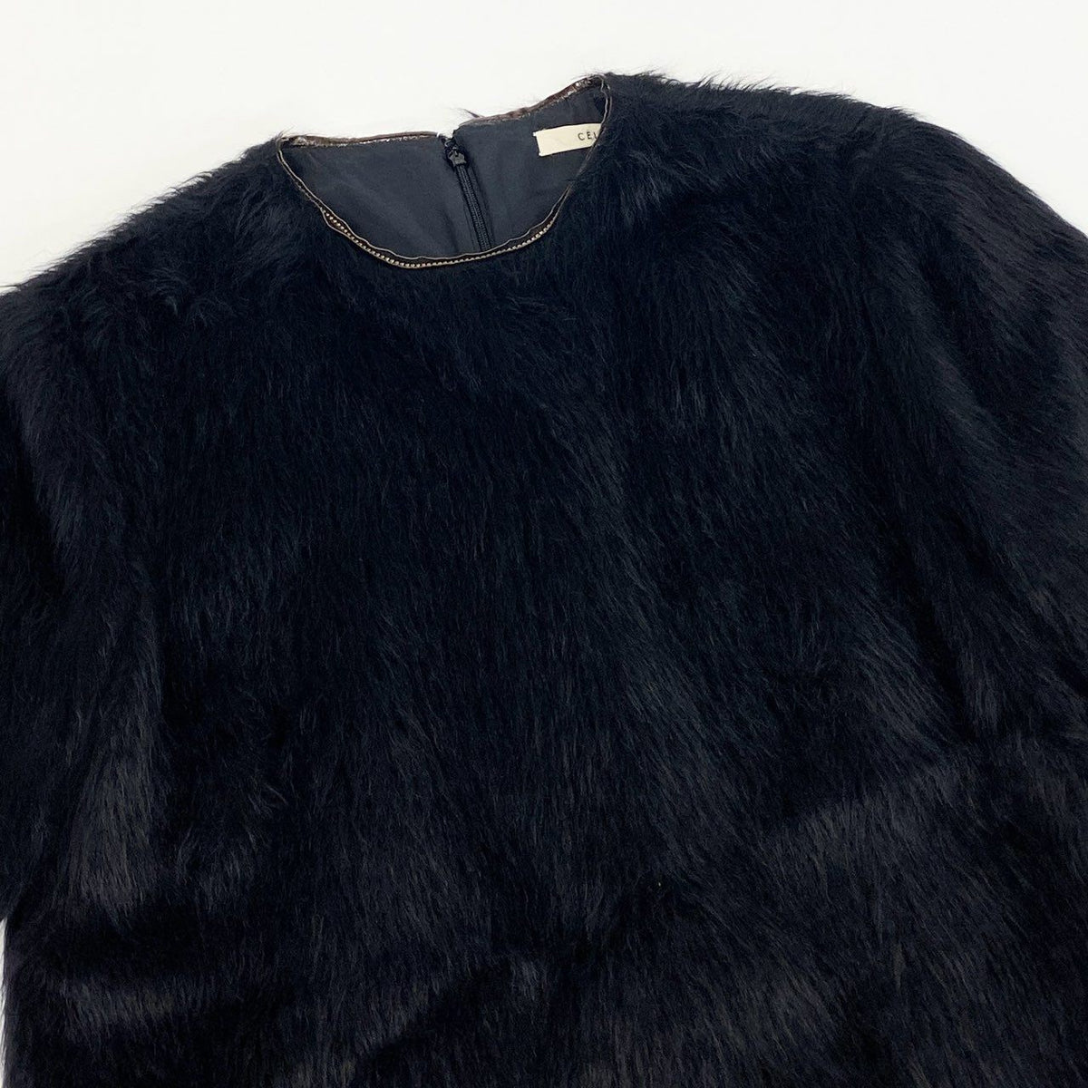 J@ Eb11 CELINE Phoebe-era alpaca wool blouse with fur trim, short sleeves, size 36, black, for womenk02i