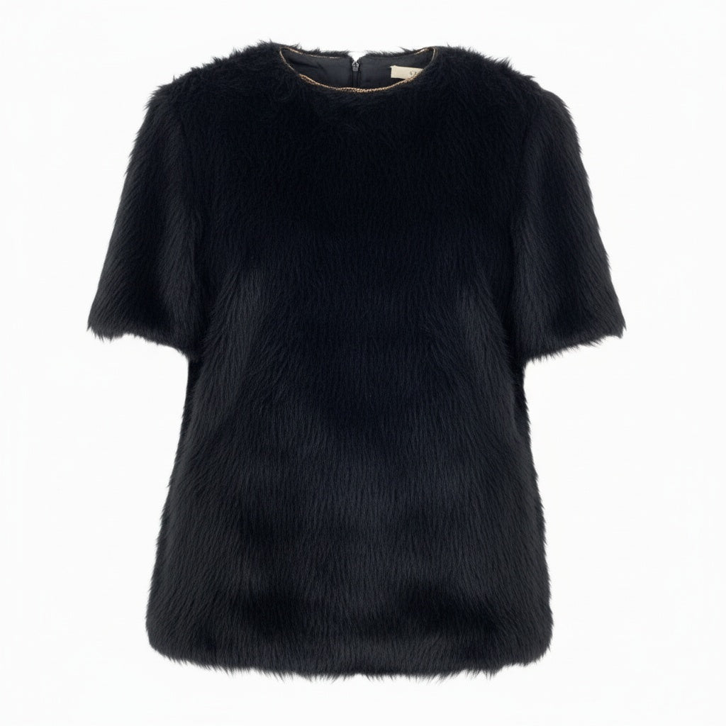 J@ Eb11 CELINE Phoebe-era alpaca wool blouse with fur trim, short sleeves, size 36, black, for womenk02i