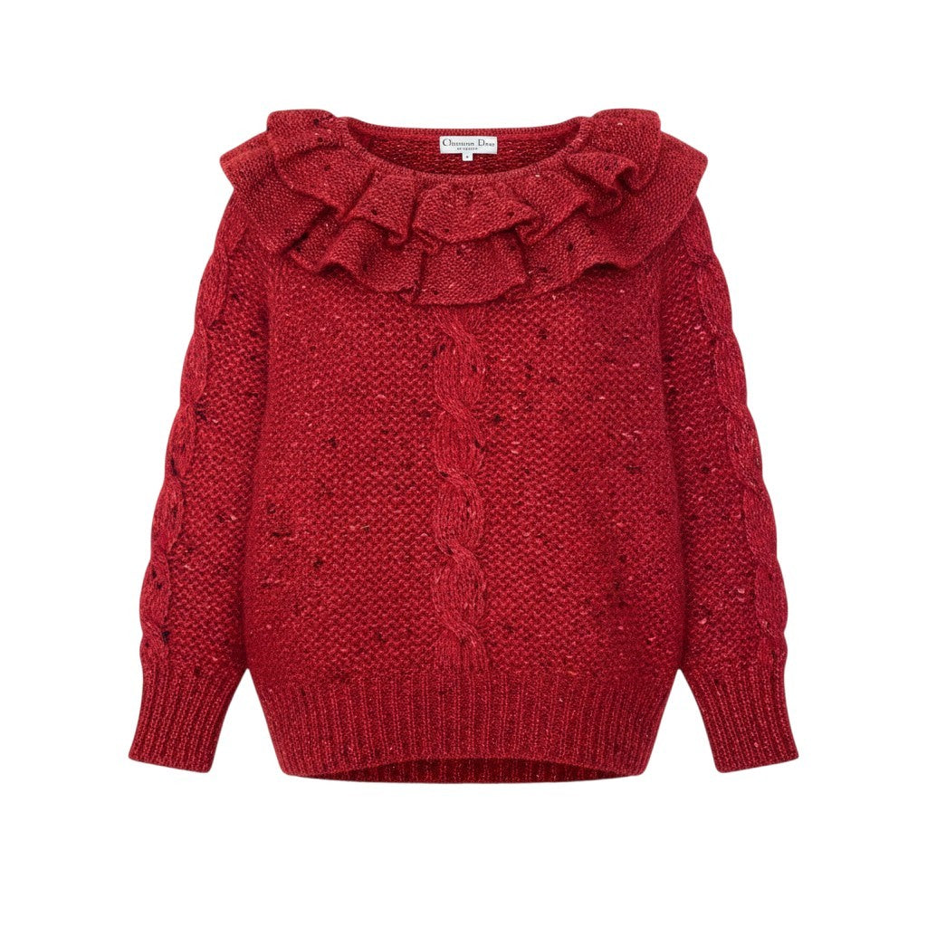 @D Eg6  Christian Dior Ruffle Neck Chunky Knit Wool Sweater Size M Red Women's
