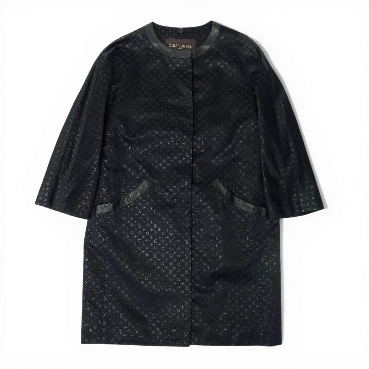 K ＠I LOUIS VUITTON Black Monogram Long Coat Leather Trimnu1