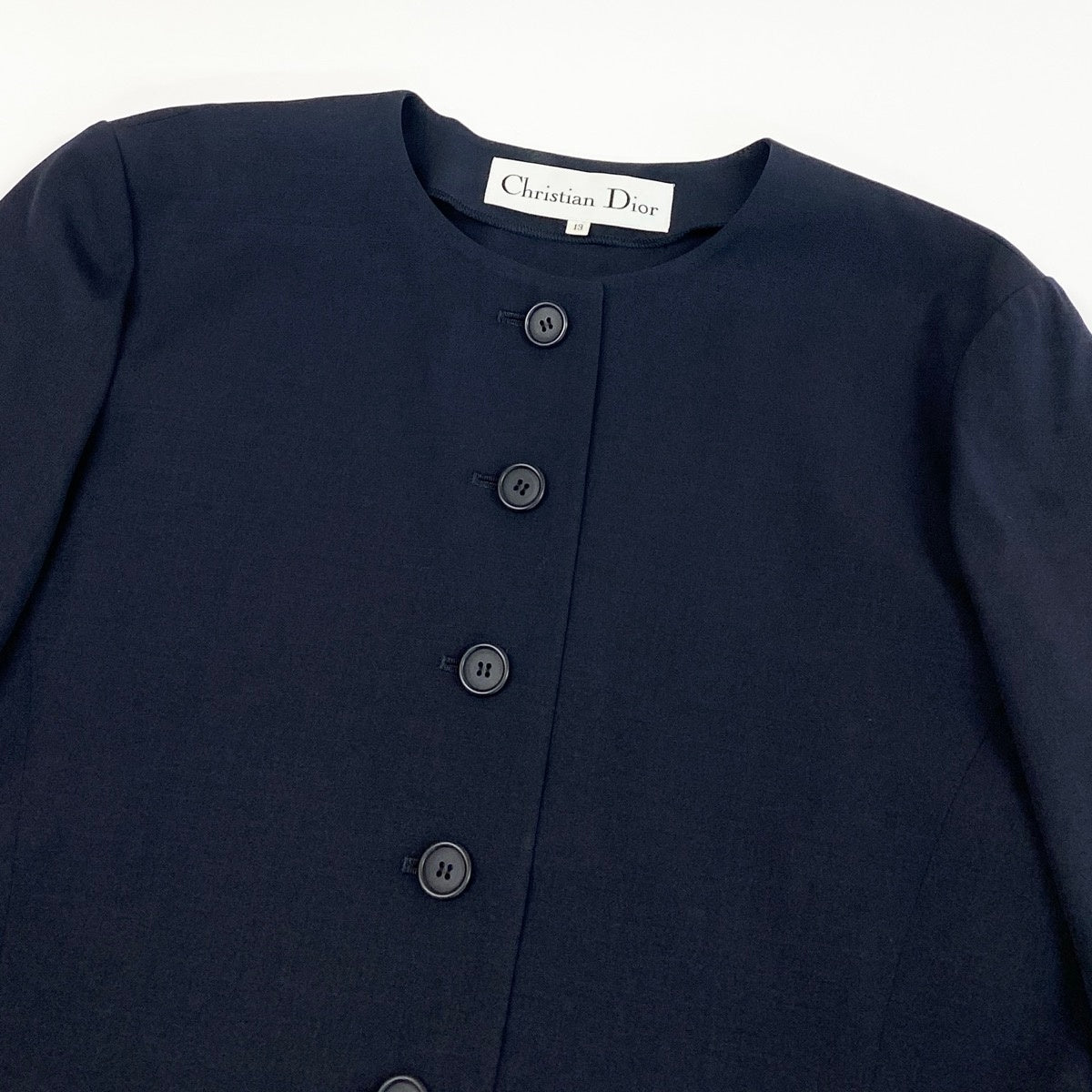 @L Eg11 Christian Dior Collarless Jacket Flare Skirt Suit Set Size 13 Navy Women o07t