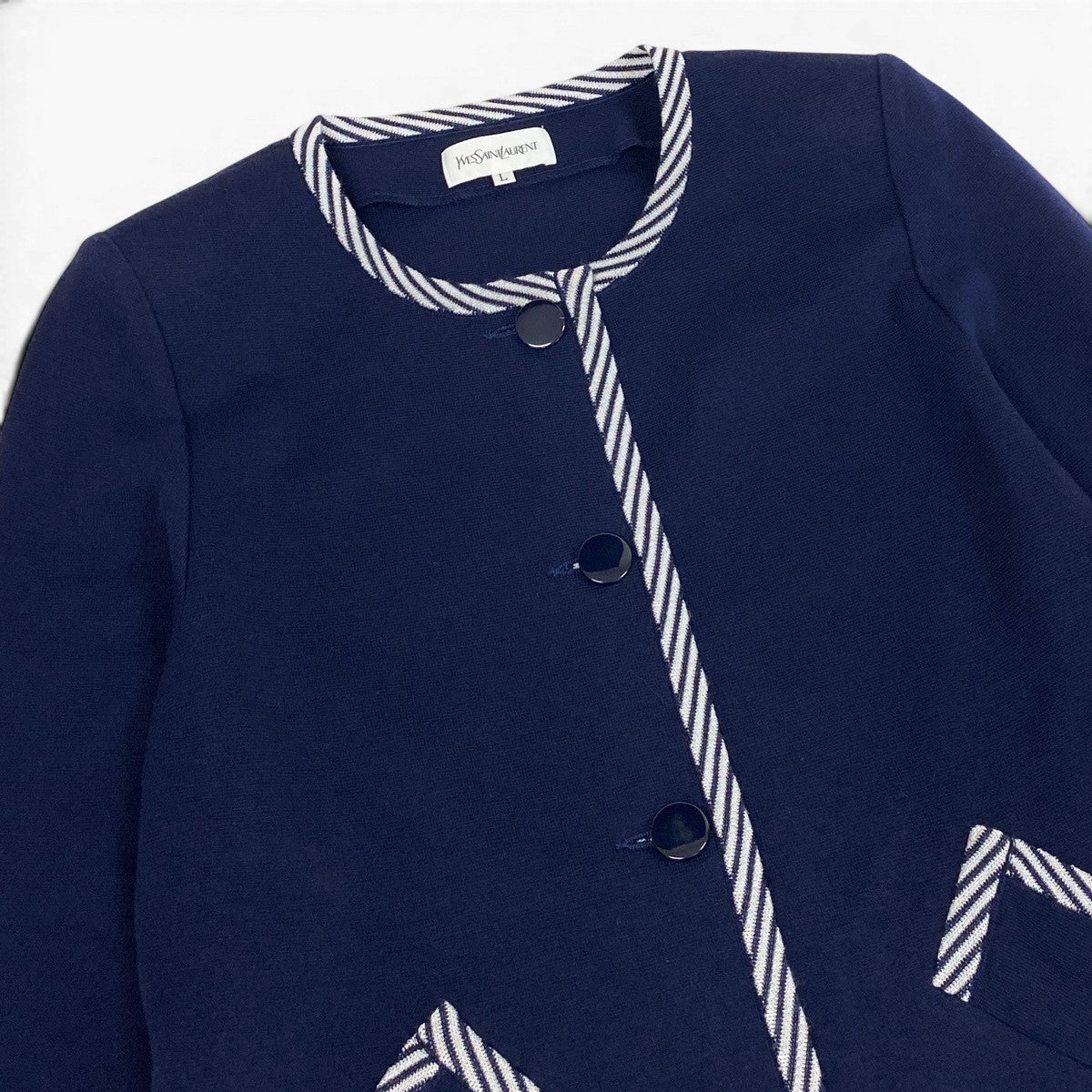 @M Eg11YVES SAINT LAURENT Collarless Striped Knit Coat Size L Navy Women o07t