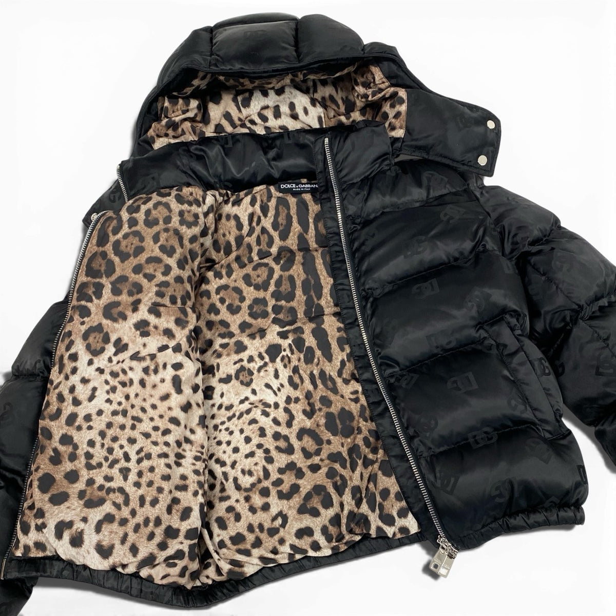 F＠Ic10 DOLCE&GABBANA DG Logo Padded Satin Jacquard Down Jacket Black Size 40 NWTt18r