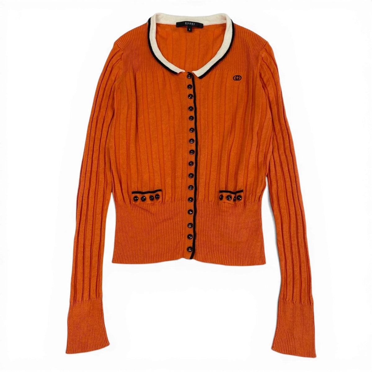 @Ic18 GUCCI (Tom Ford era) Rib-knit long-sleeved cardigan with interlocking G embroidery, women's size S, orange, linen and silk.ta1
