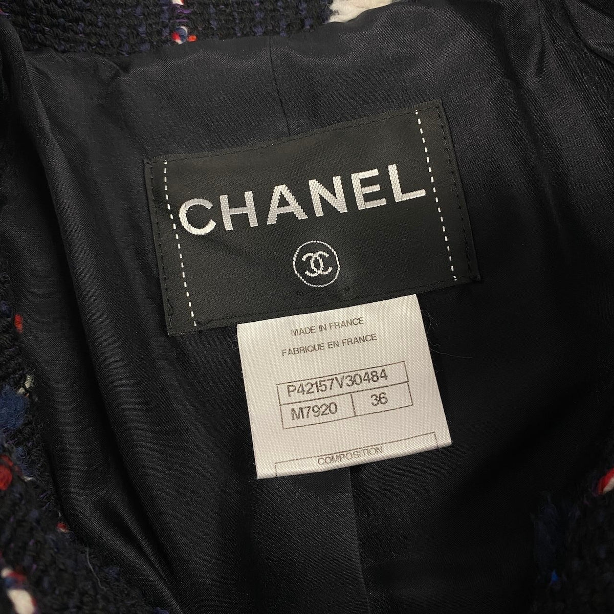 Cd2@Cd2CHANEL CC Button Tweed Soutien Collar Coat P42157 Navy Size 36 France Women'st18r