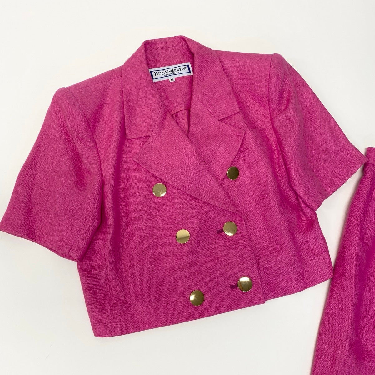 ＠Eg8 YVES SAINT LAURENT  Double Breasted Skirt Suit Set Gold Button Pink Linen Size M Women'so07t