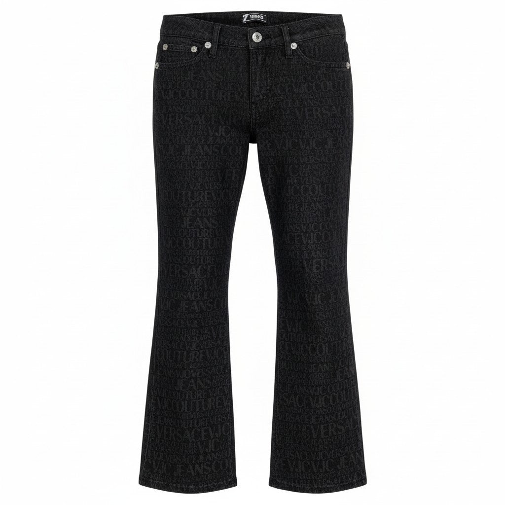 @Id9 VERSACE denim pants with all-over logo print, size 28.u02t