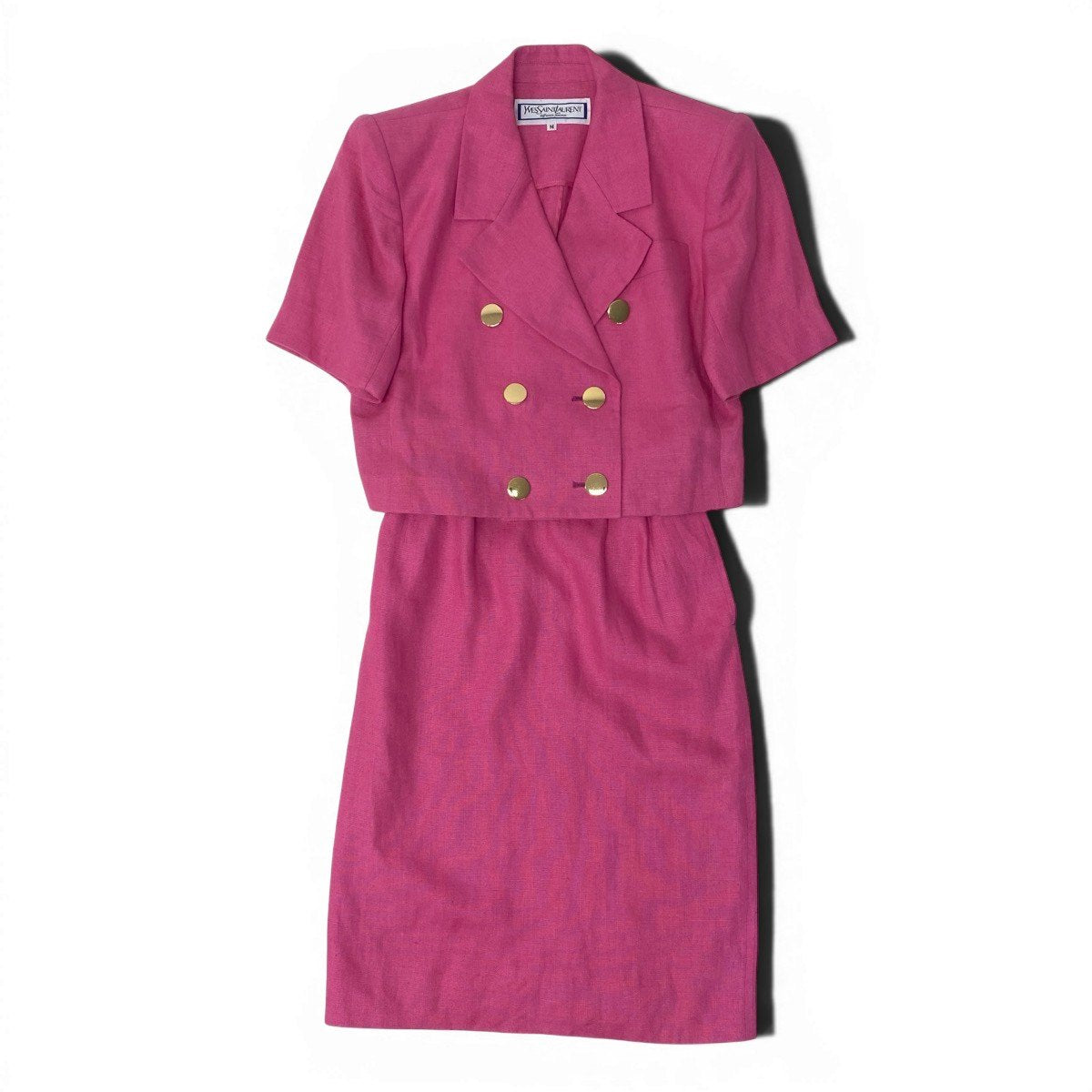 ＠Eg8 YVES SAINT LAURENT  Double Breasted Skirt Suit Set Gold Button Pink Linen Size M Women'so07t