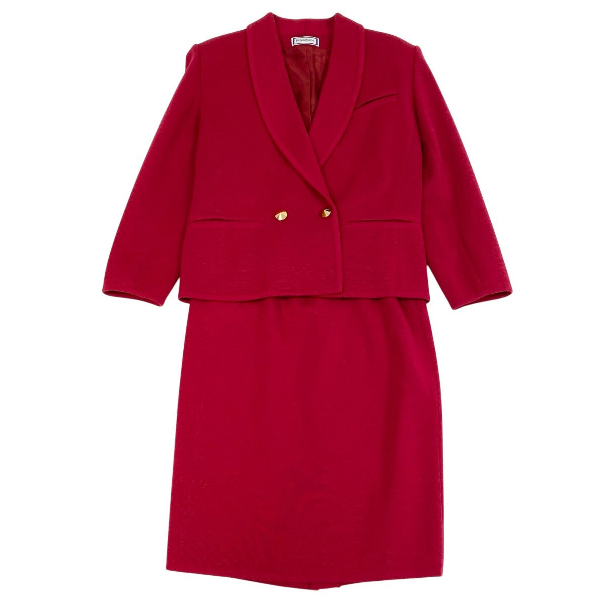 L Eh6  YVES SAINT LAURENT Skirt Suit Double Breasted Gold Button Knit Jacket Wool M Red Women o07t