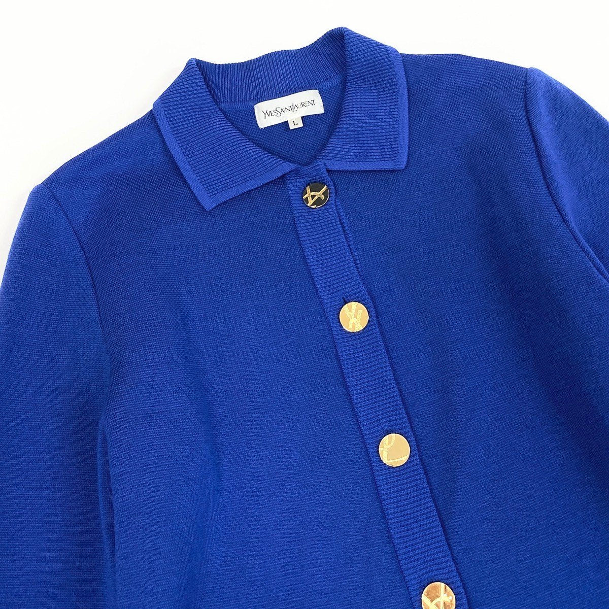 L Eh6 Yves Saint Laurent YSL Logo Gold Button Knit Cardigan Wool Size L Blue Women o07t