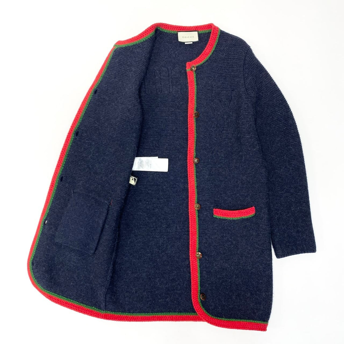 ＠S I GUCCI Wool Knit Long Cardigan Coat with Embroidered Logonu1