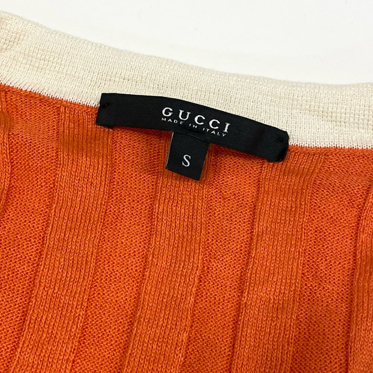 @Ic18 GUCCI (Tom Ford era) Rib-knit long-sleeved cardigan with interlocking G embroidery, women's size S, orange, linen and silk.ta1