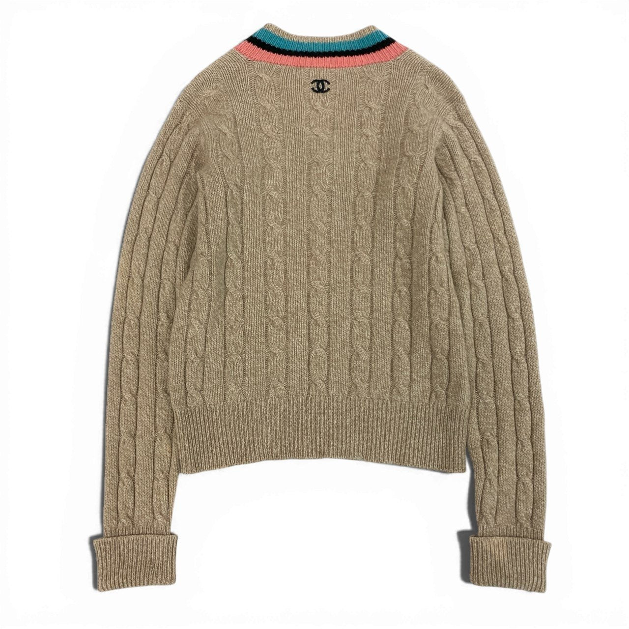 @ Cb9 CHANEL 1996 Cashmere School Knit Sweater Beige Coco Mark Size 42 Womenk02i