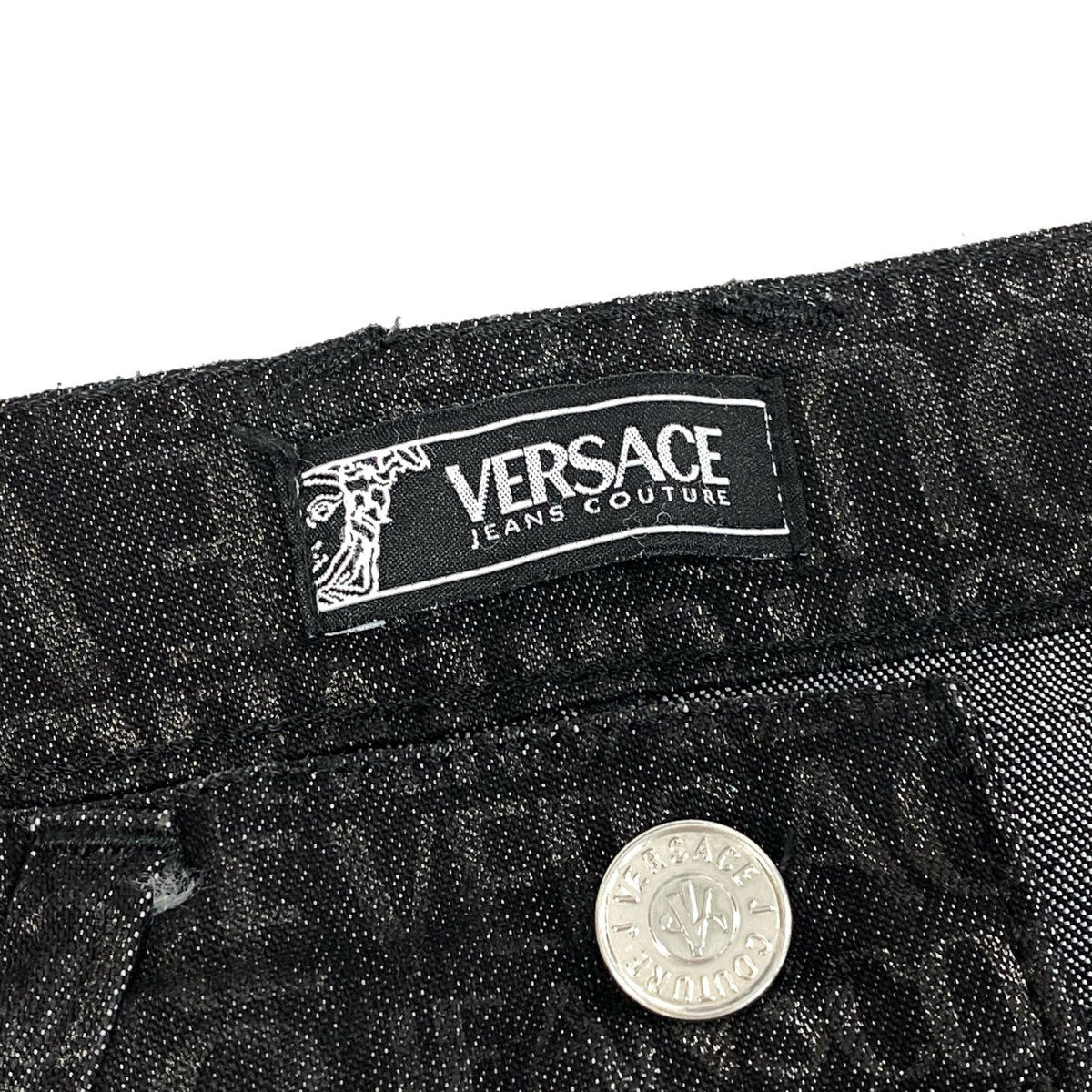 @Id9 VERSACE denim pants with all-over logo print, size 28.u02t