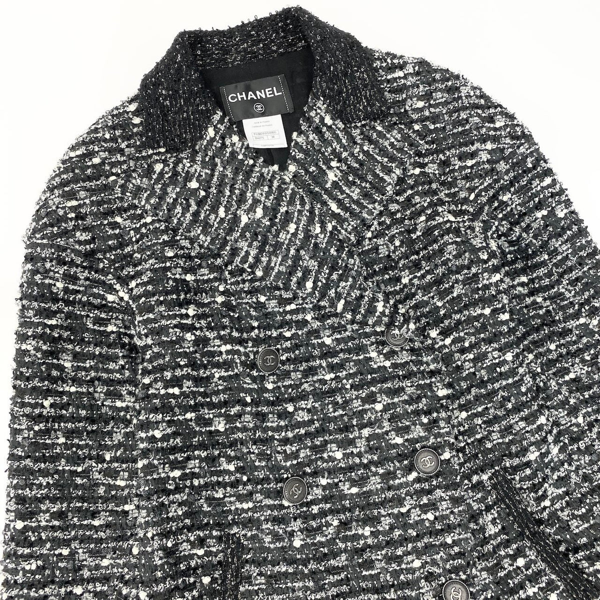 @Cd20 CHANEL Tweed Coat Jacket, Coco Button, Double-Breasted, P41804W04950, Size 38, Gray, Women'snu1