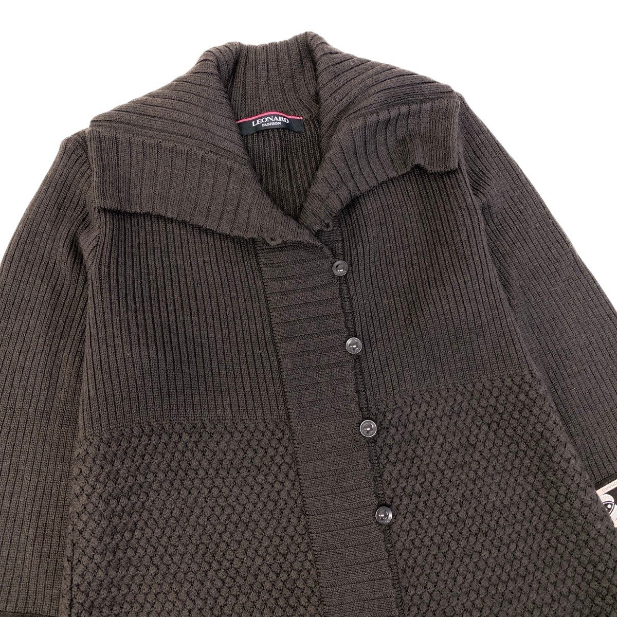 34g17 LEONARD FASHION レオナール ロング ニットカーディガン ウールシルク混  サイズ40 ブラウン レディースu02t