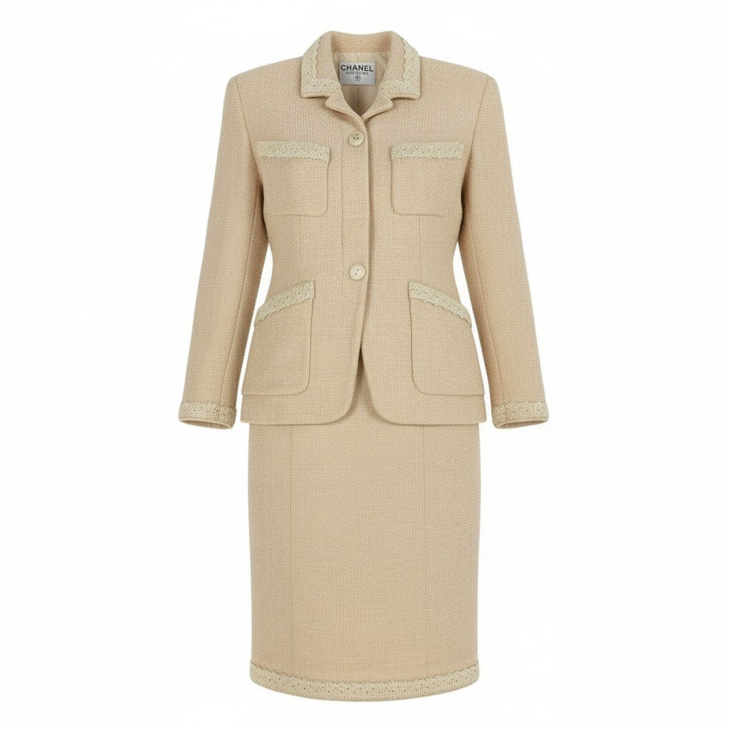 ＠Cc3 Vintage Chanel Coco Mark Button Tweed Jacket Skirt Setup M Equivalent Ivoryta1
