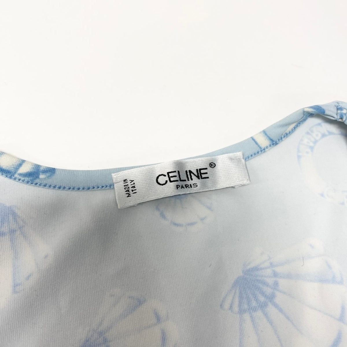Ic30 CELINE セリーヌ マリン柄 半袖Tシャツ クルーネック カットソー 総柄 伸縮ストレッチ レディース 女性服 ライトブルーu02tu02tu02t