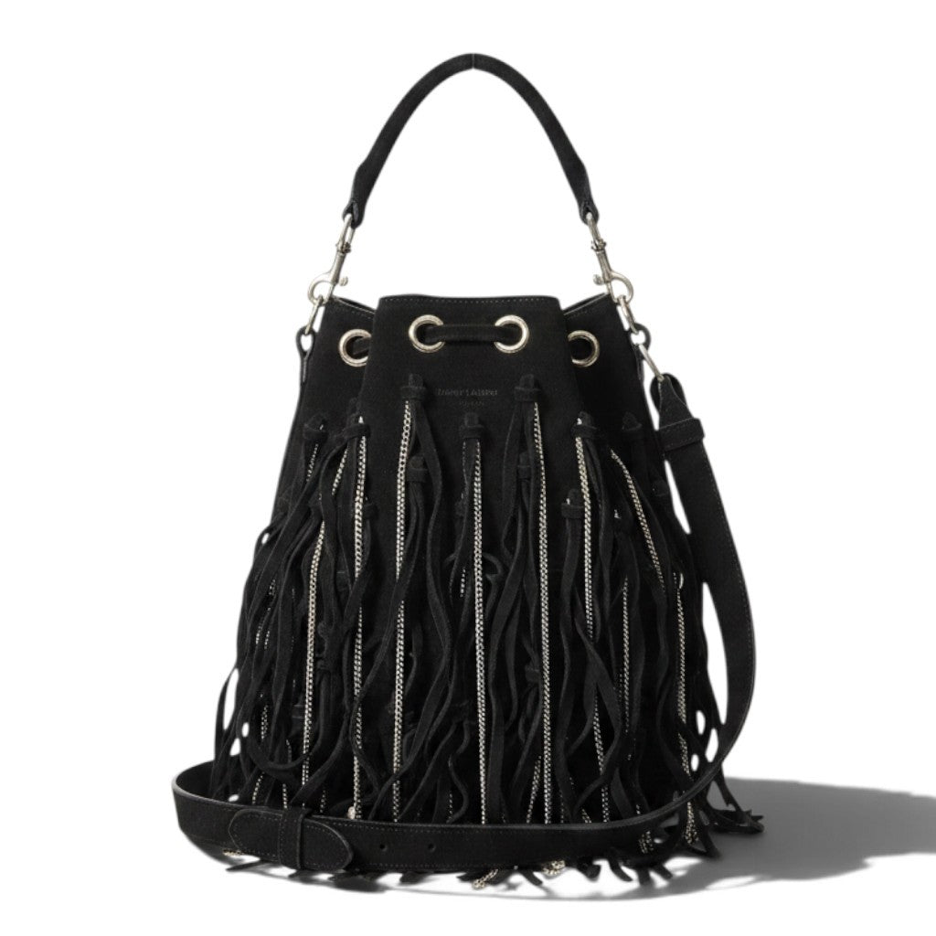 h21 SAINT LAURENT Fringe × Chain Bucket Shoulder Bag Black Leathert18r