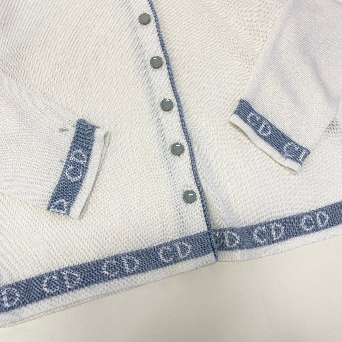 @H Eg8　Christian Dior CD Logo Bicolor Long Sleeve Knit Cardigan Size L White Women o07t
