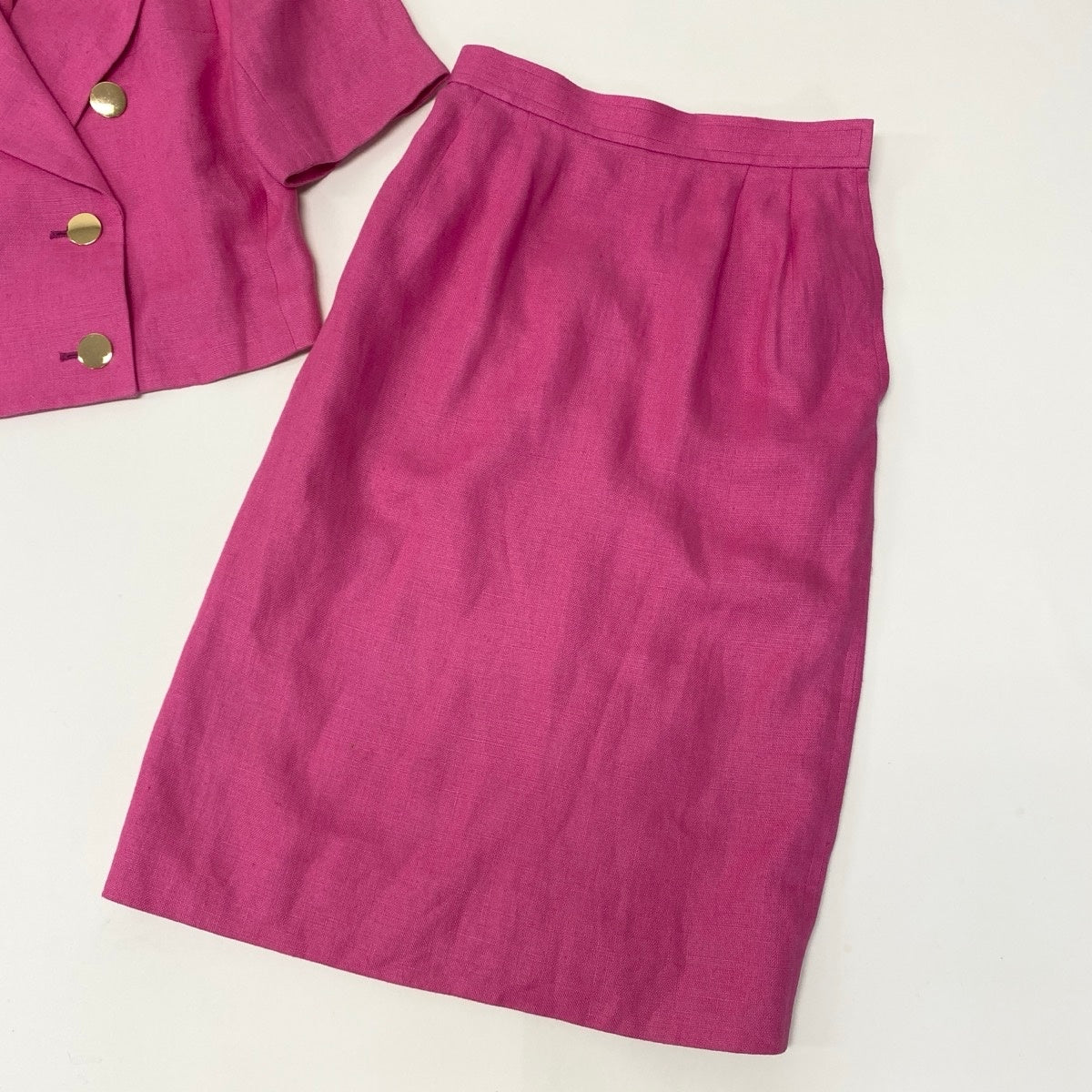 ＠Eg8 YVES SAINT LAURENT  Double Breasted Skirt Suit Set Gold Button Pink Linen Size M Women'so07t