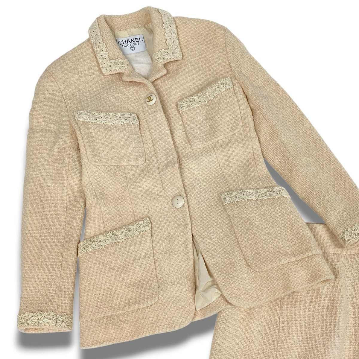 ＠Cc3 Vintage Chanel Coco Mark Button Tweed Jacket Skirt Setup M Equivalent Ivoryta1