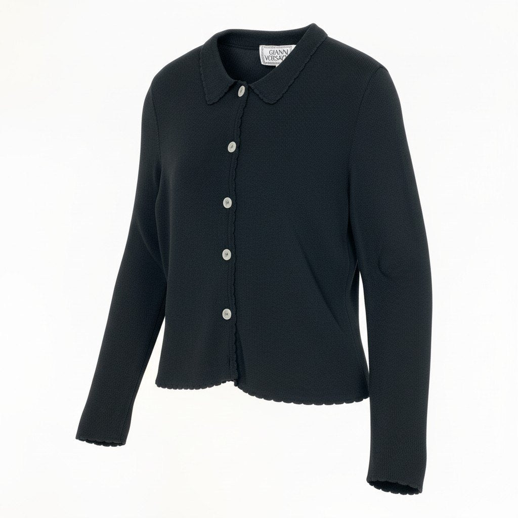 @d7 GIANNI VERSACE Rib Knit Cardigan Black Long Sleeve Size 40 Womenso07t