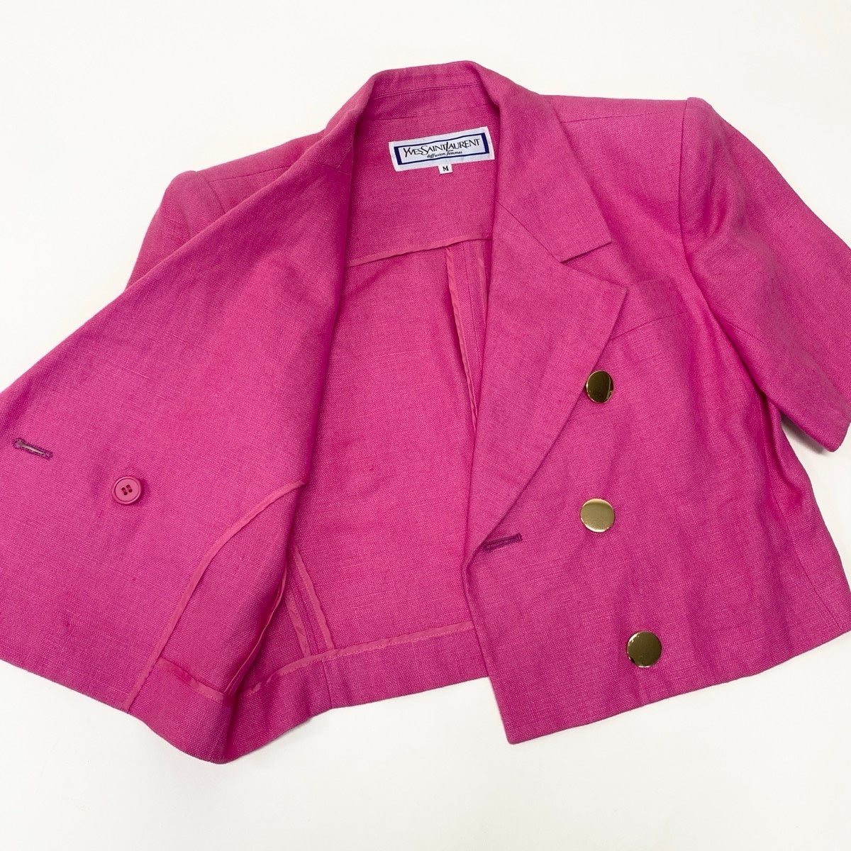 ＠Eg8 YVES SAINT LAURENT  Double Breasted Skirt Suit Set Gold Button Pink Linen Size M Women'so07t