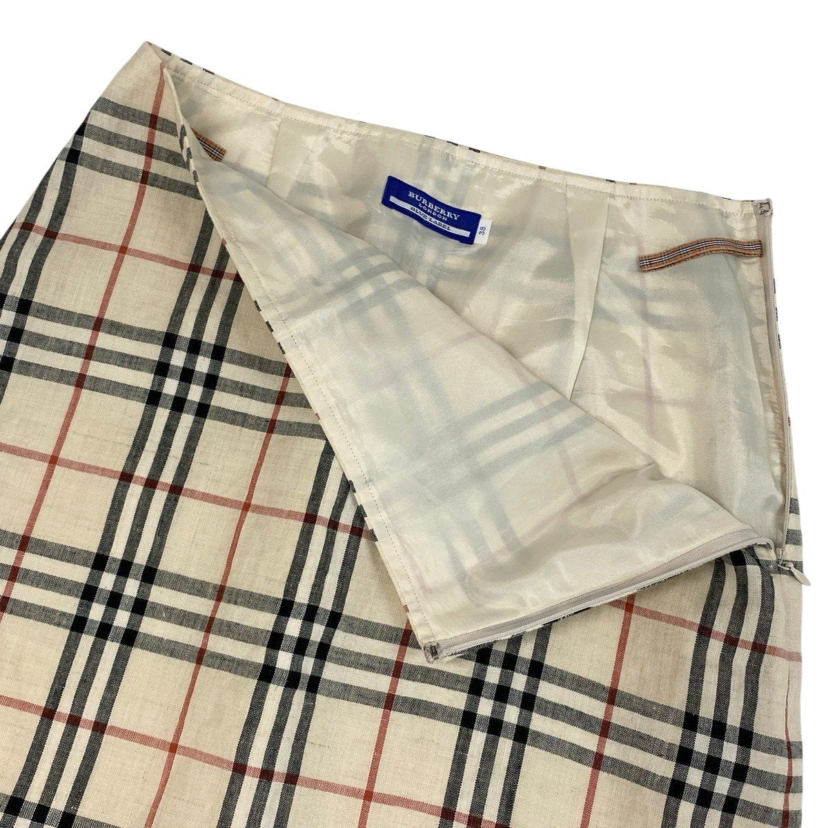 ＠Ig19 BURBERRY BLUE LABEL Nova Check Ruffle Hem Skirt Beige Linen Blend Size 36 Womeno07t
