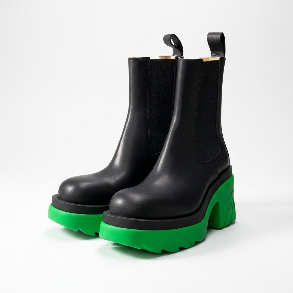 ＠e4 BOTTEGA VENETA Flash Chelsea Boots Black Green Leather Side Gore Platform Ankle Boots Size 37 Women’s Italyo07t