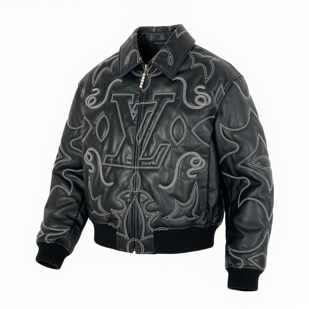 ＠d2 Louis Vuitton Embroidered Leather Bomber Jacket Black Size 52 Rare Men's Cowhide LVt18r