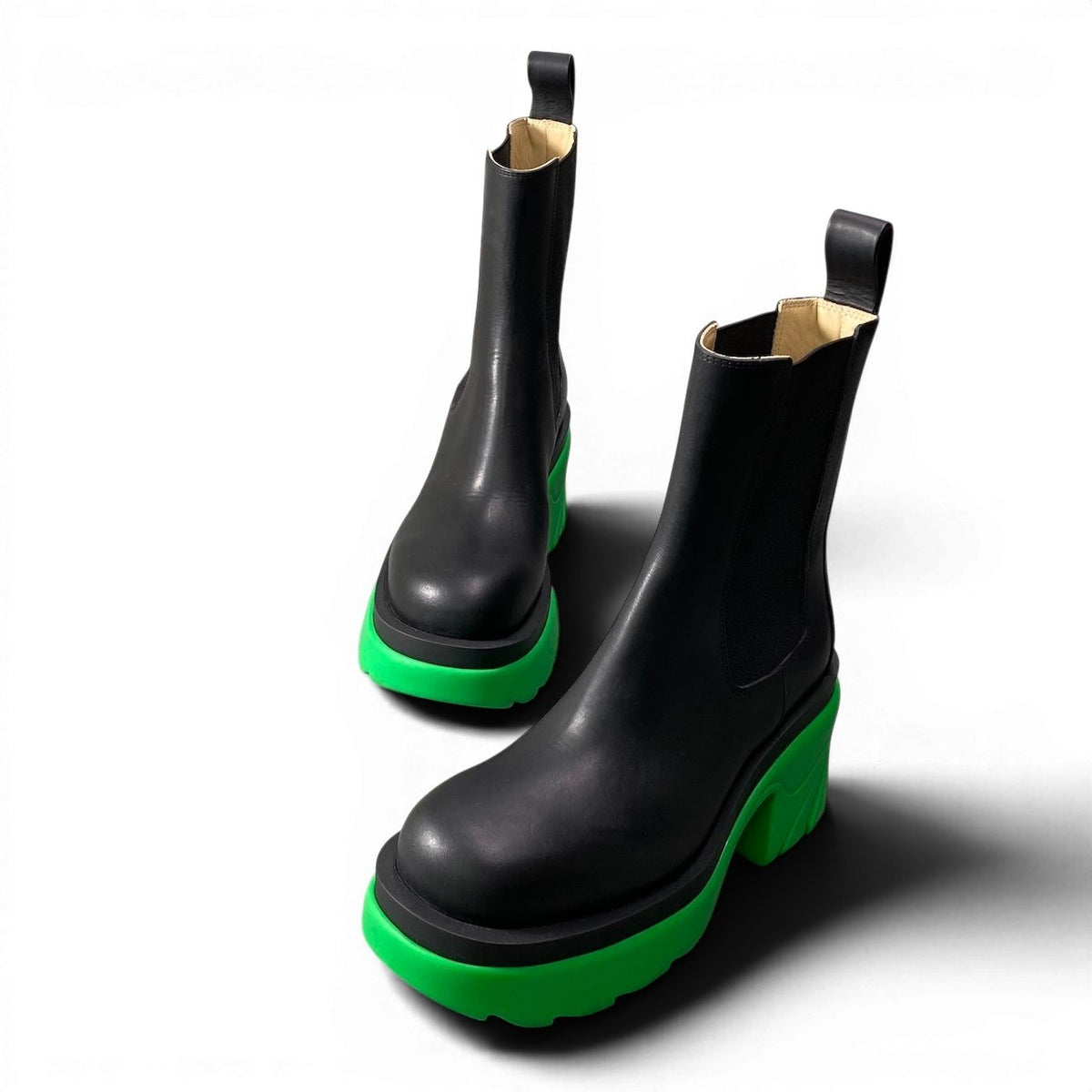 ＠e4 BOTTEGA VENETA Flash Chelsea Boots Black Green Leather Side Gore Platform Ankle Boots Size 37 Women’s Italyo07t