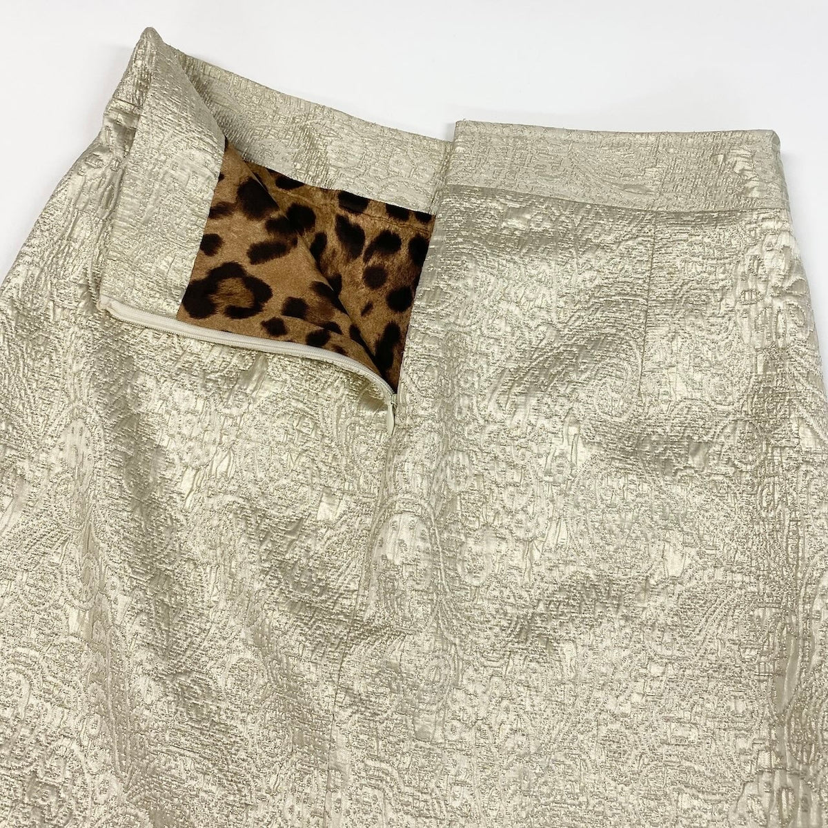 @Ed18 DOLCE&GABBANA Jacquard Tight Skirt, Knee-Length, Front Pockets, Size 40, Ivory Gold, Women'su02t