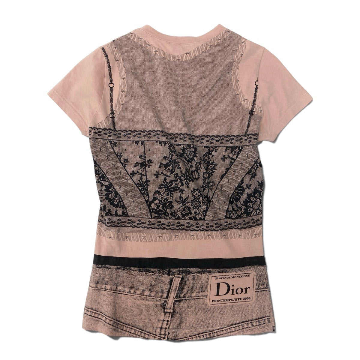 @Ih10 Christian Dior Short-Sleeve Top (2006 Galliano Era) – Trompe-l'œil Lace-Print Corset Style – Model 6E16155202 F36 – Pale Orange & Black – 100% Cotton – Women'su02t