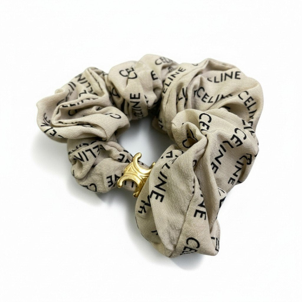 @ b16 CELINE Triomphe Logo Silk Scrunchie Green Gold Franceta1